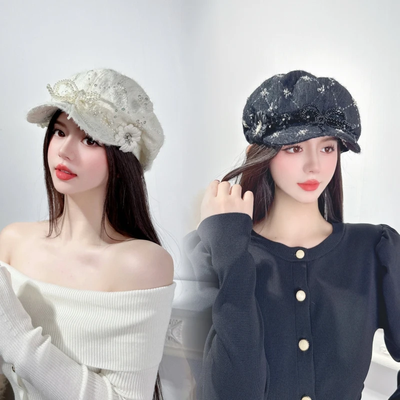 CREAMPP 原创肌理缝绣珠花空气感云朵帽蝴蝶结花朵重工亮片贝雷帽