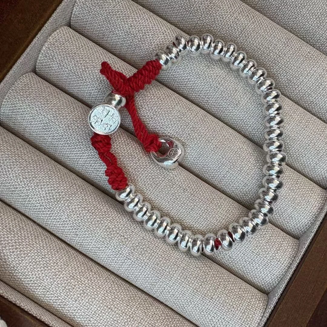 足银手链 平安喜乐胖福盘缠红绳手链手绳， 足银999.9手工百搭情侣