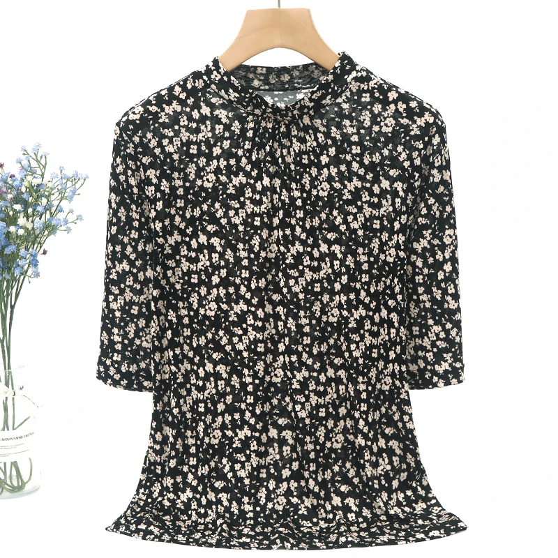 直播推荐时尚女士桑蚕丝42针半高领碎花五分袖真丝T恤上衣Z6056