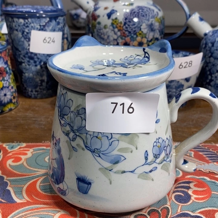 青花瓷景德镇手绘玉兰花小猫水杯