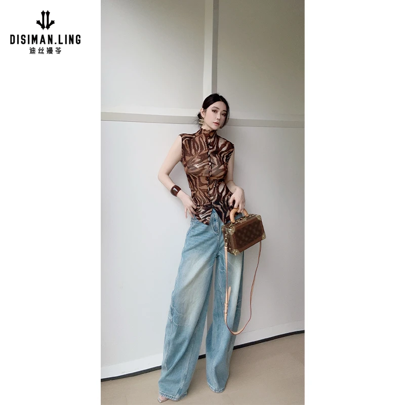 迪丝嫚苓蓝色牛仔裤显瘦高腰直筒夏季复古百搭宽松原创小众优雅感