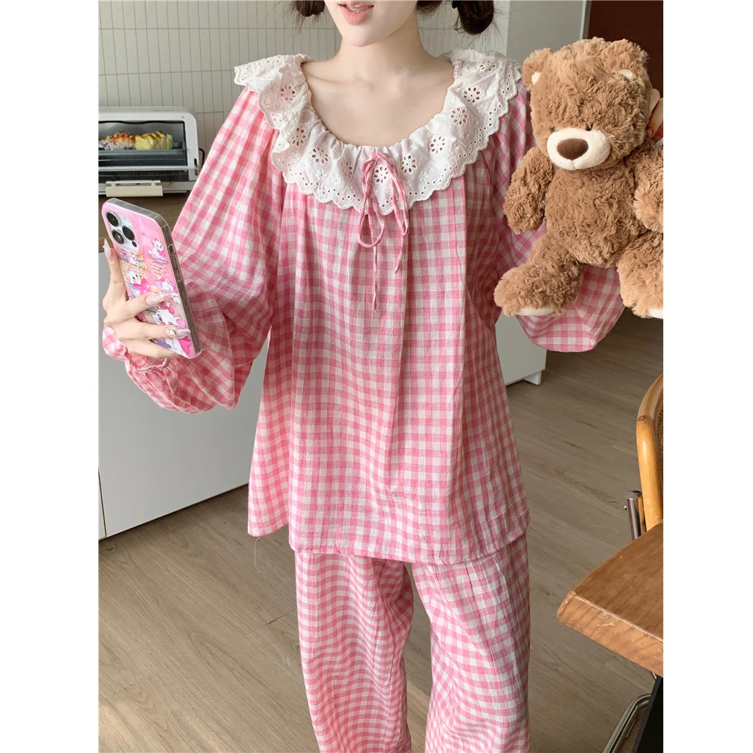 甜美宽松透气大翻领格子纯棉睡衣女100%全棉套装宽松可外穿家居服