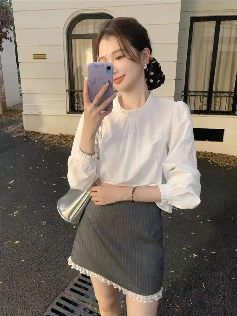 夏季女装套装白色泡泡袖衬衫立领上衣蕾丝显瘦半身裙女气质两件套