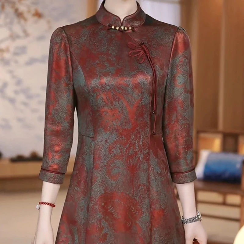 高档国风桑丝缎连衣裙女2025夏季新款洋气修身遮肉显瘦中长款裙子