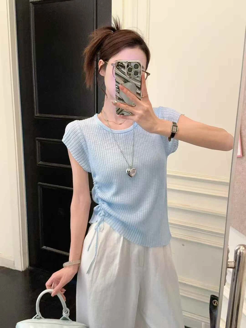 竹节麻短袖t恤女2025新款夏季薄款高级感独特漂亮爆款抽绳针织衫