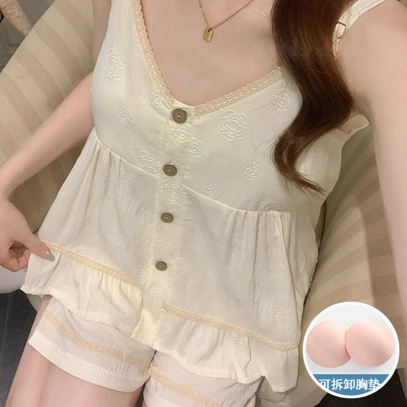 带胸垫吊带睡衣女夏季甜美慵懒风两件套装新款爆款女生夏天家居服