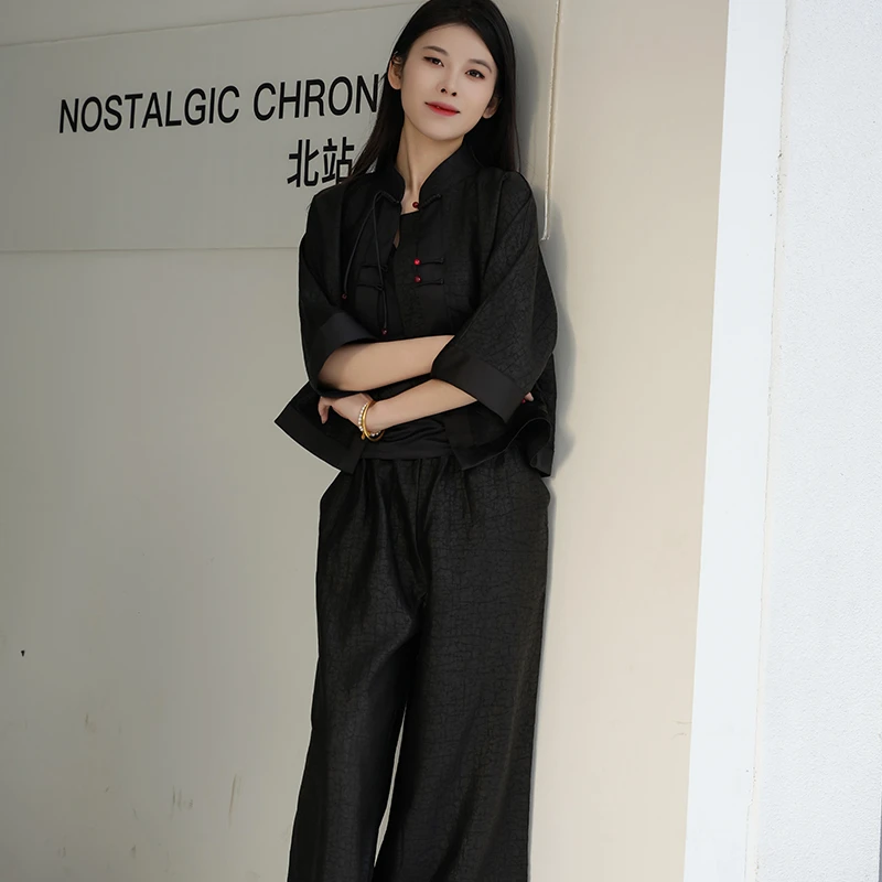 如夜香云纱套装新中式盘扣斜襟女复古风黑色上衣裤子两件套气质