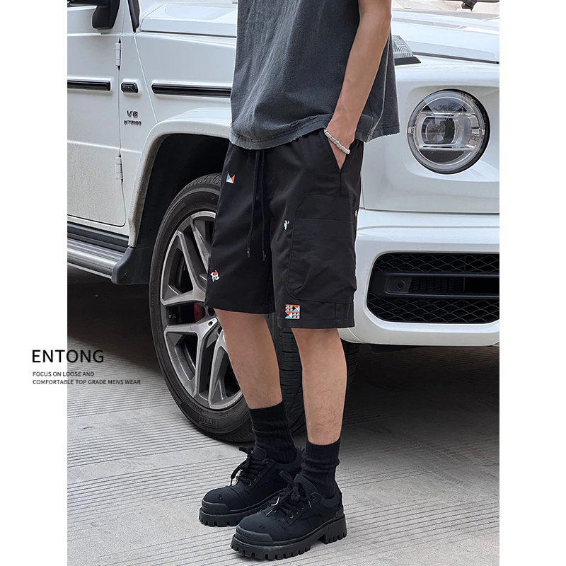 Entong日系复古刺绣工装短裤男士夏季上新中裤宽松直筒休闲五分裤