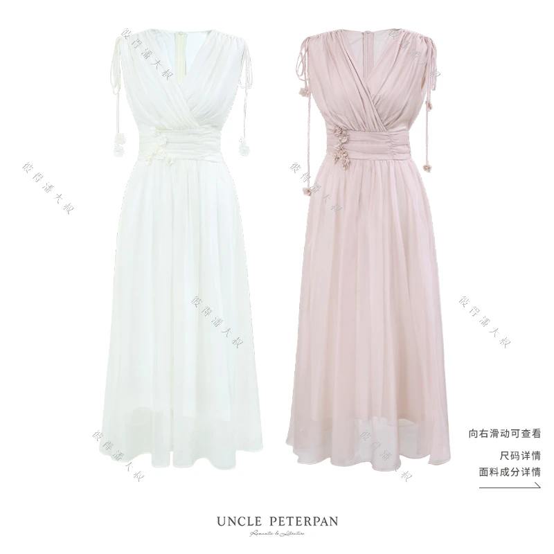 彼得潘大叔《油画栀子》法式抽绳系带V领后拉链弹力腰优雅连衣裙