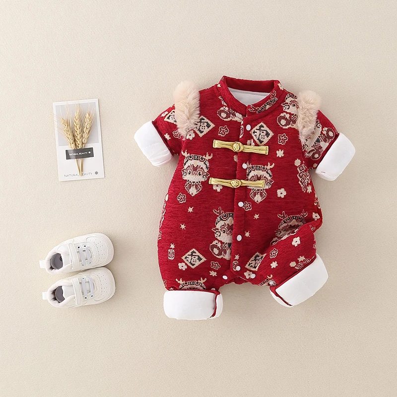 婴儿连体衣男女宝宝过年加厚周岁加绒冬季喜庆衣服冬装中国风拜年