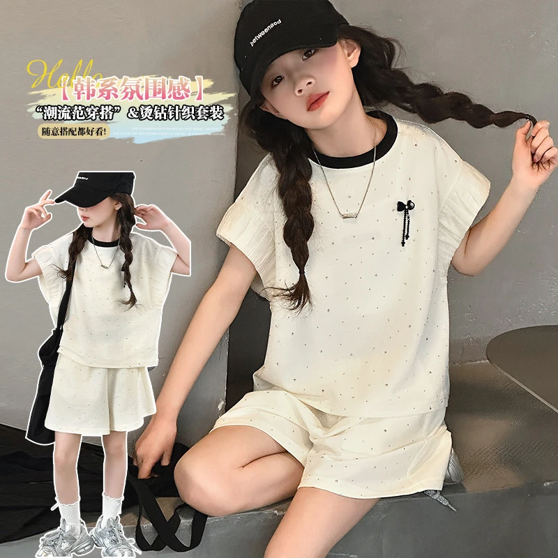 女童夏季短袖短款套装2025新款纯色儿童夏天女童美式女童运动套装