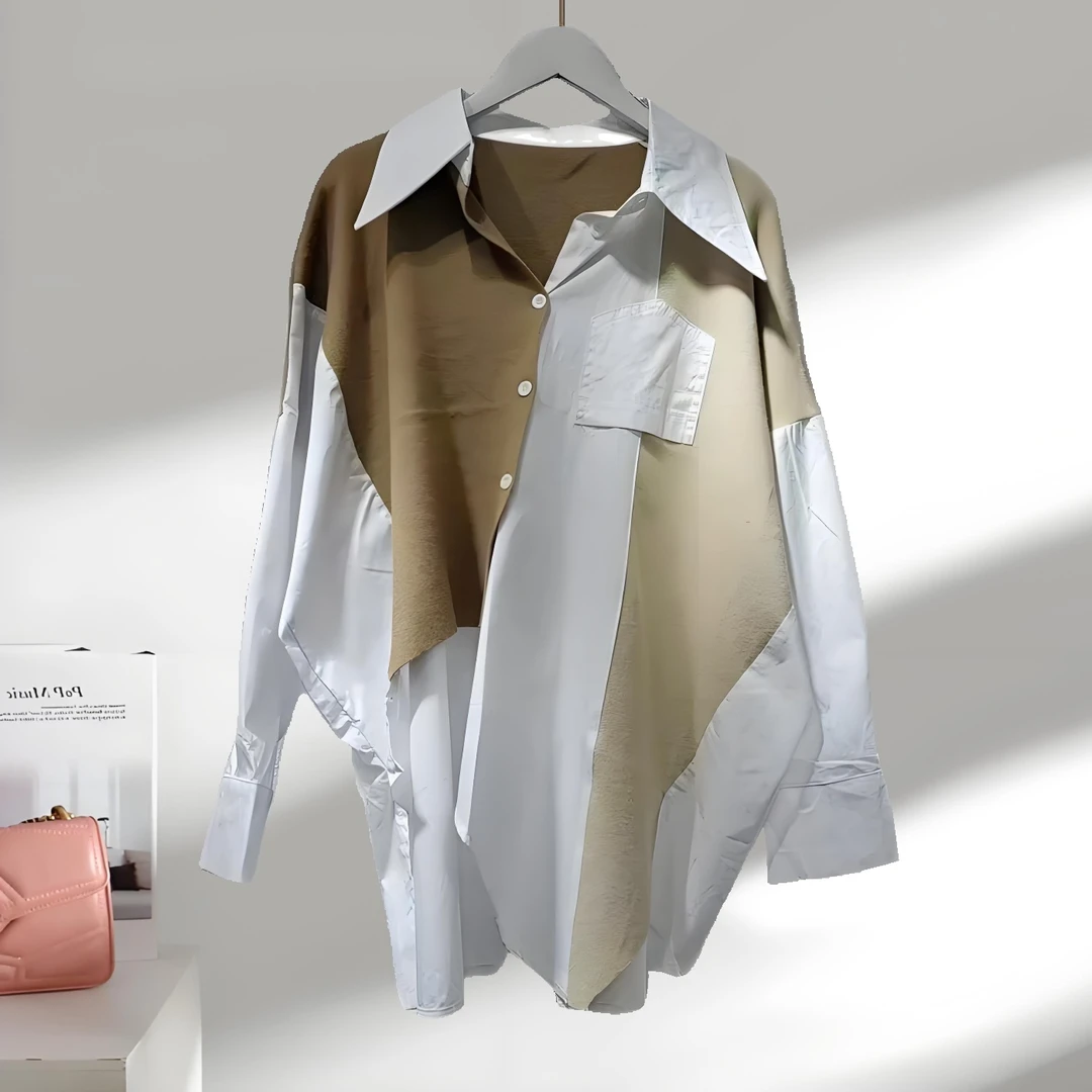 法式大码女装新款假两件拼接撞色长袖不规则衬衫设计感中长款上衣