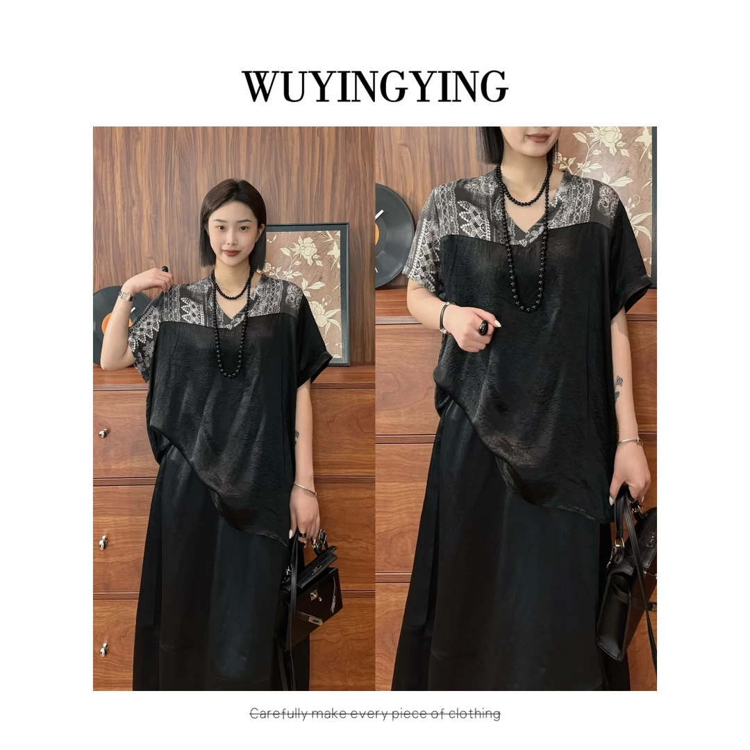 WUYINGYING【花纹醋酸T恤】欧货高品设计感拼接V领醋酸T恤