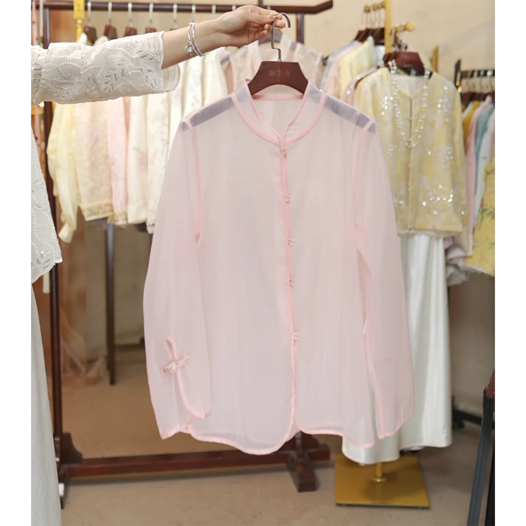 【挽风】新中式女装夏季立领盘扣网纱上衣2025春夏新款国风微透开衫