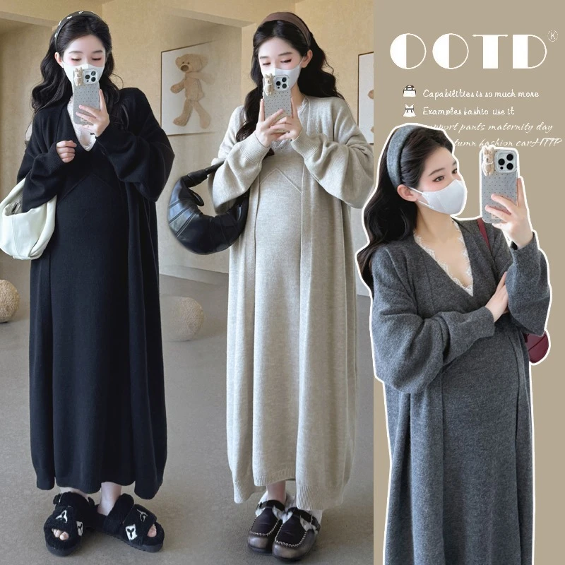 孕妇装秋装套装2025新款秋冬外套蕾丝拼接背心裙两件套孕妈高级感