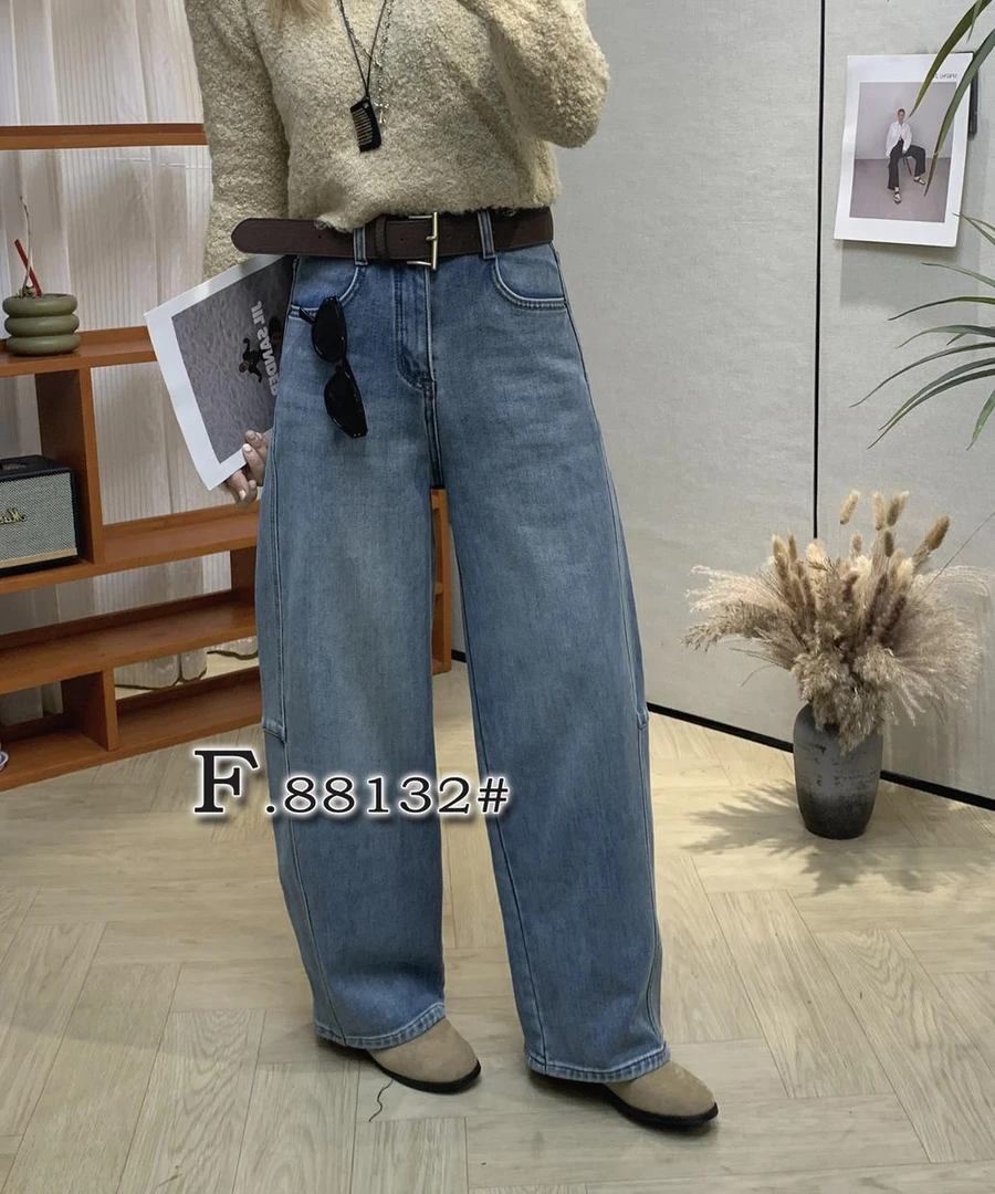 加绒无弹冬季阔腿裤直筒牛仔裤高腰弯刀裤百搭时尚丹宁风88132