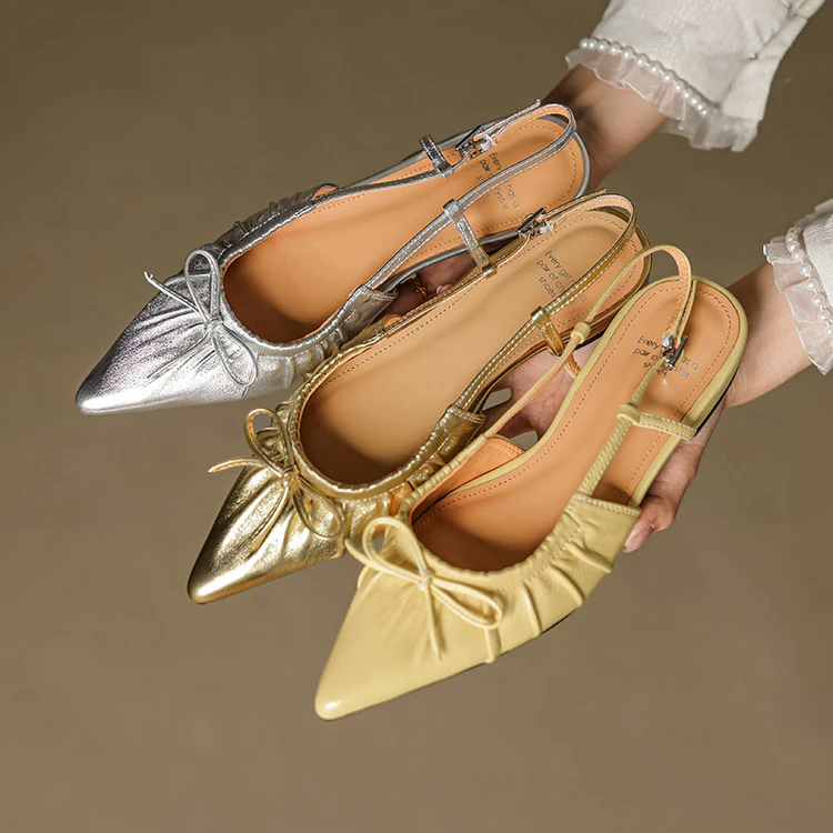 2025新款法式气质蝴蝶结包头凉鞋女夏季复古褶皱真皮低跟后空单鞋