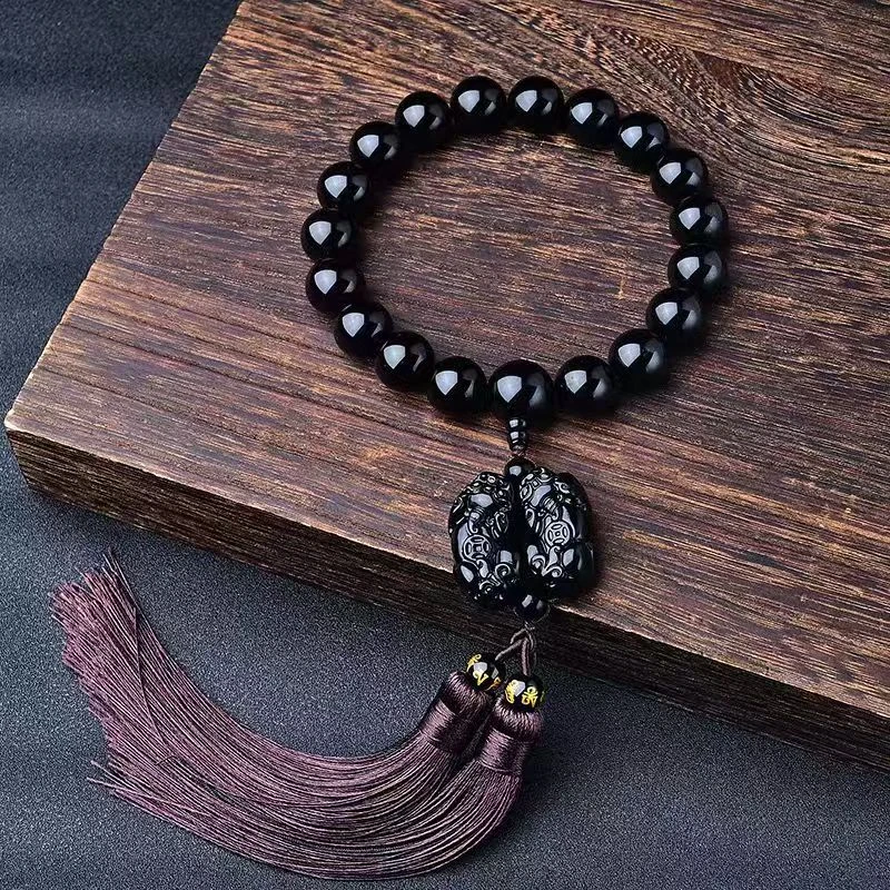 天然黑曜石双貔貅圆形佛珠手持流苏挡位挂件招财纳福简约百搭车挂
