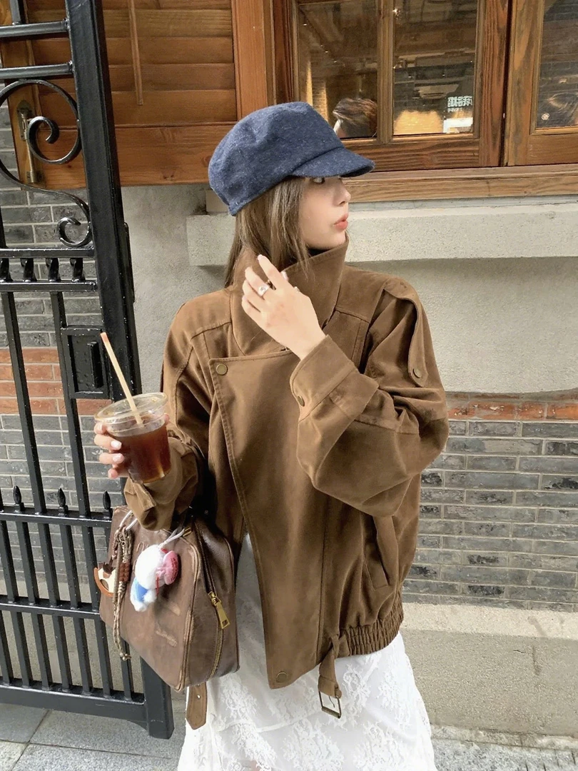 《酷女孩》春秋新款美拉德棕色夹克外套女复古廓形麂皮绒机车服上衣