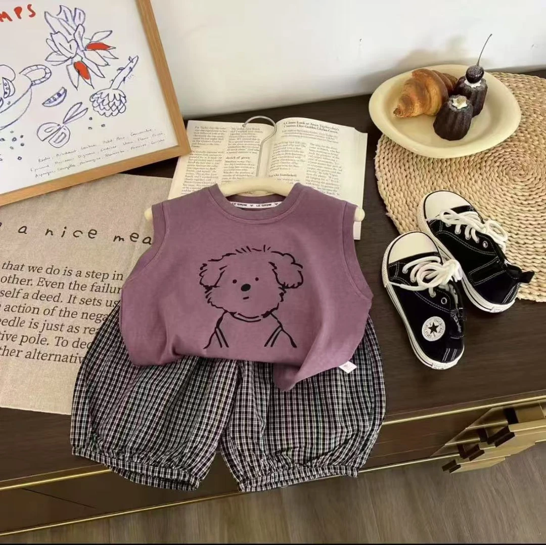 儿童夏季背心套装2025新款男童宽松上衣格子裤潮