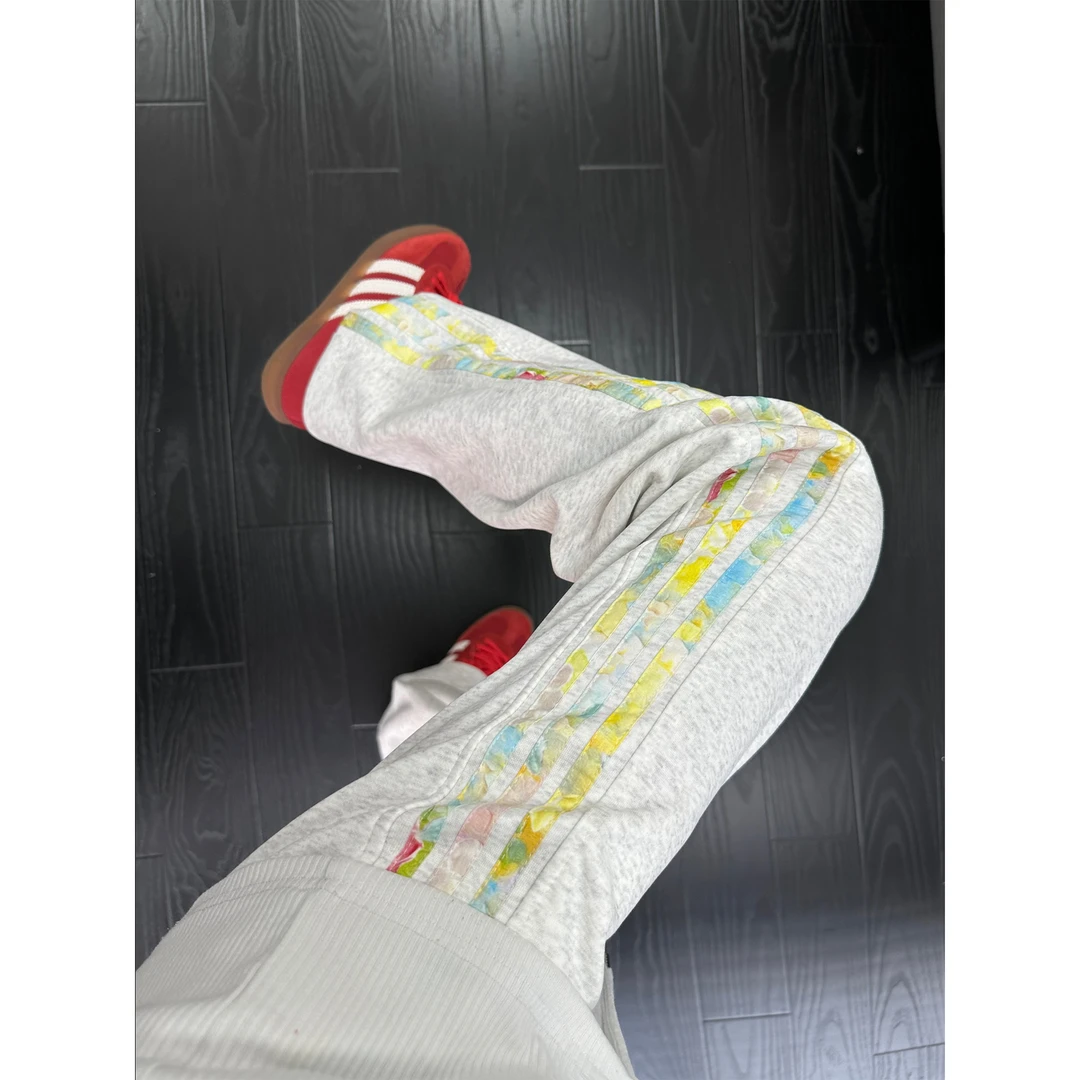 彩色花卉三条杠裤子男夏季白花灰色直筒运动卫裤重磅条纹休闲长裤