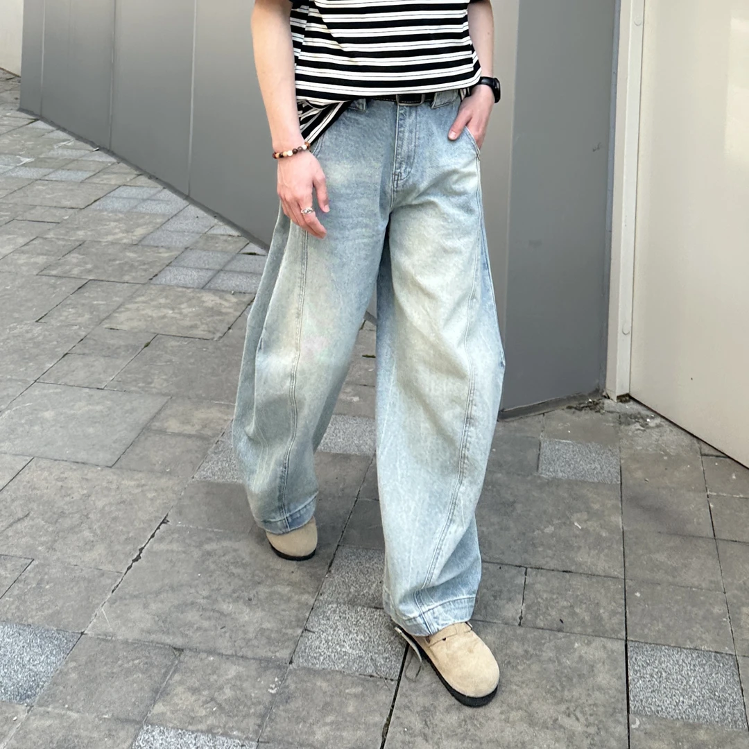 2025春款弯刀蓝牛美式高街水洗牛仔裤阔挺型男百搭香蕉牛仔裤男女