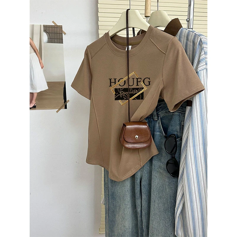 2025新款正肩圆领线条短袖t恤女小众设计感修身显瘦上衣春夏秋季