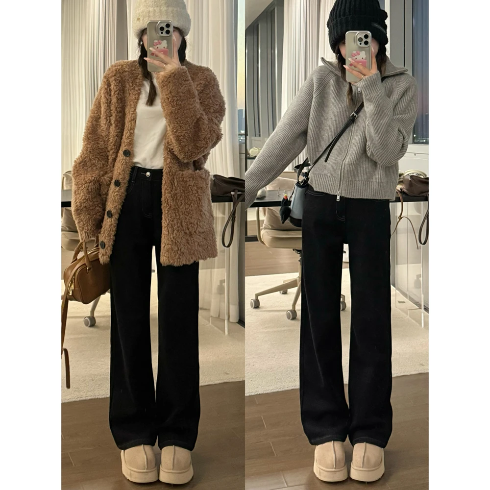 王家有鱼2025年新款黑色百搭阔腿裤猫须显瘦牛仔裤垂感爆款长裤女