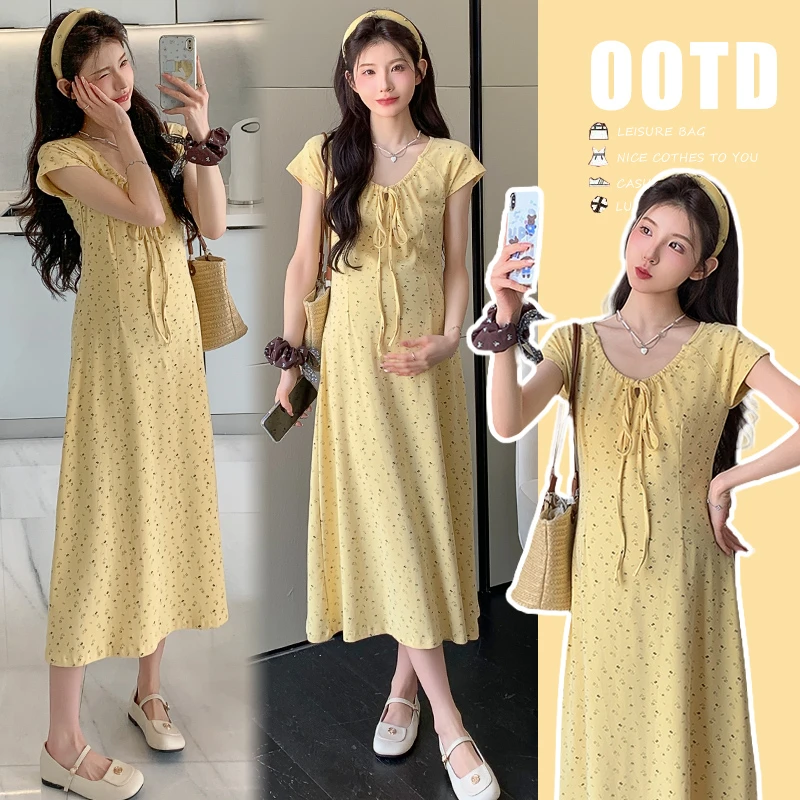 时髦孕妇装显瘦洋气新款小个子孕妇针织印花连衣裙宽松温柔长裙