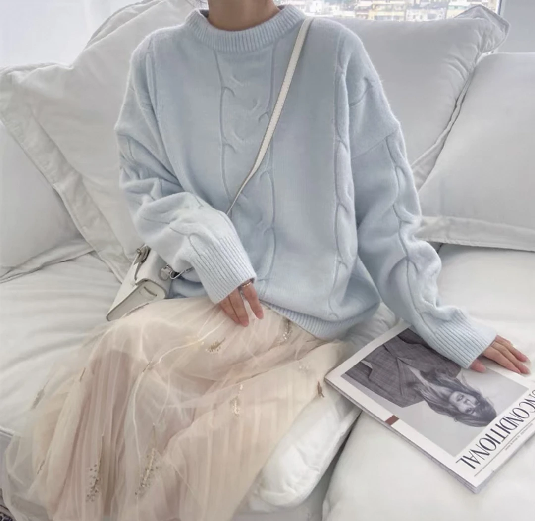 温柔风软奶蓝色毛衣女套头宽松慵懒风加厚韩系针织秋冬外穿