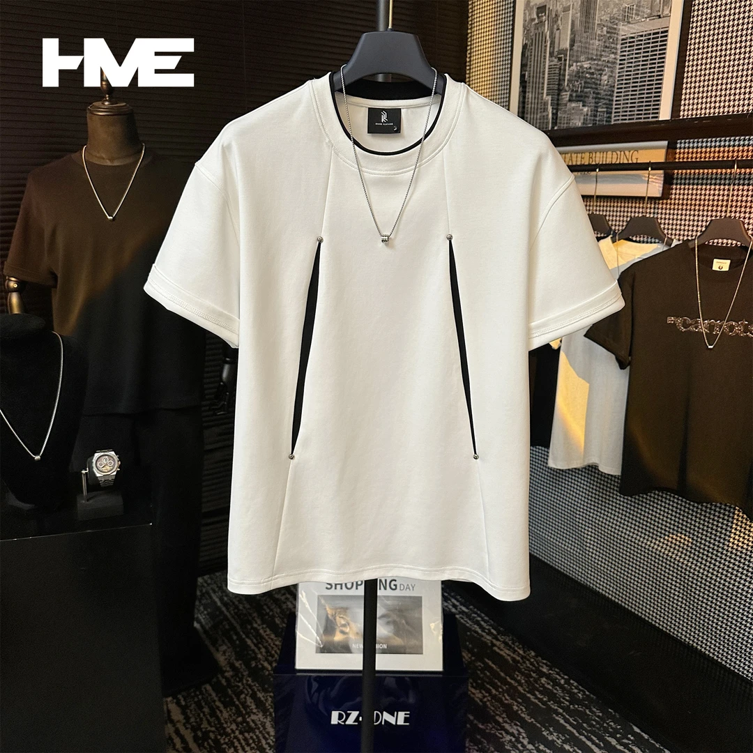 【HMEYAO】夏季重磅铆钉撞色拼接假两件T恤简约设计冰感棉圆领短袖