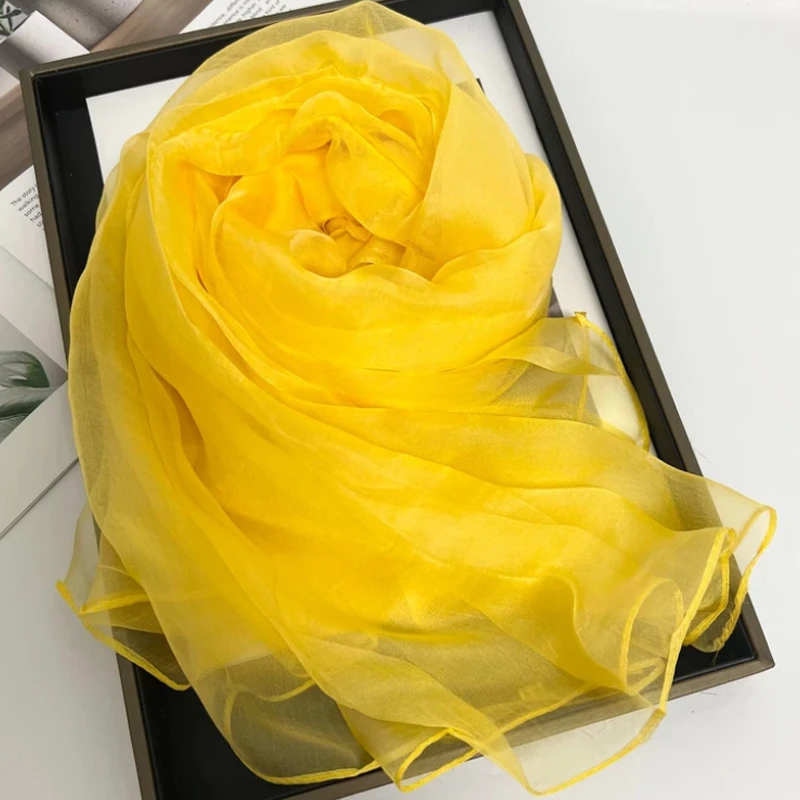 【纯色黄色】杭州丝绸桑蚕丝薄款丝巾时尚洋气女士围巾柔软舒适