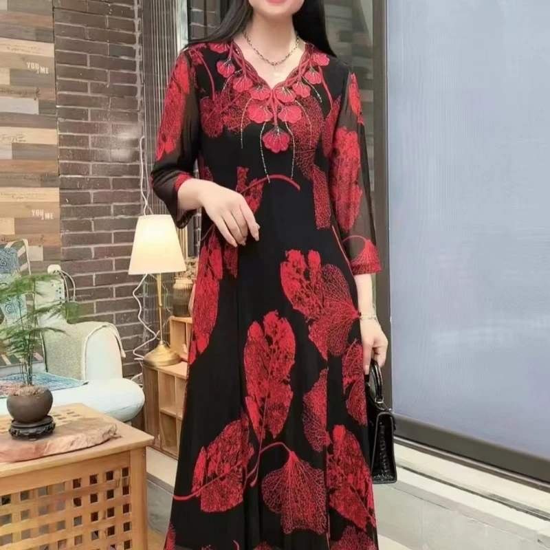 11270-夏季女士连衣裙妈妈气质中长款收腰显瘦女装遮肉【G仓】
