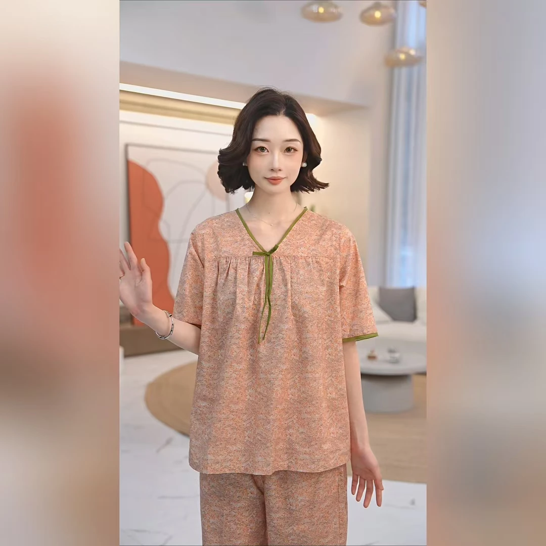 秋鹿梭织印花V领五分袖长裤女套睡衣夏季时尚舒适