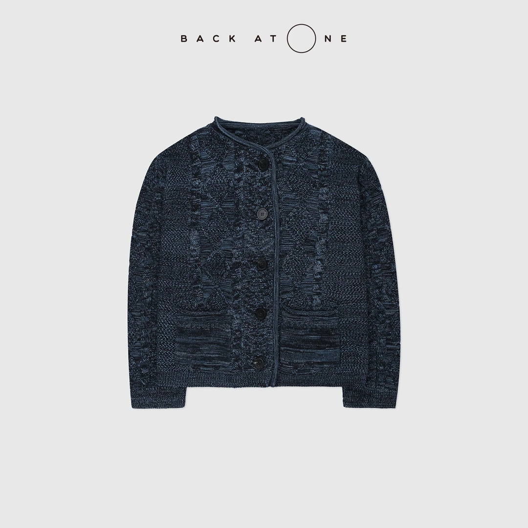 BACKATONE“青出于蓝”羊毛绞花质感牛仔色针织开衫 BFF-1AS556H-K