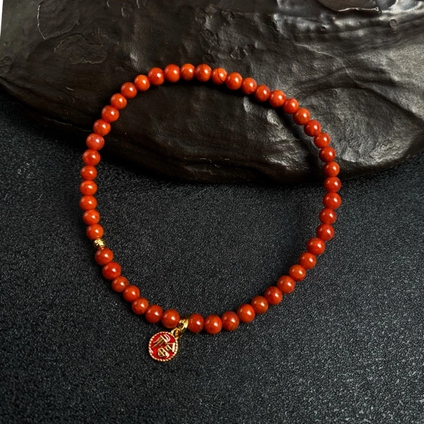 925银手链 极简中式红色百搭珐琅滴釉福牌南南单圈手链2412031