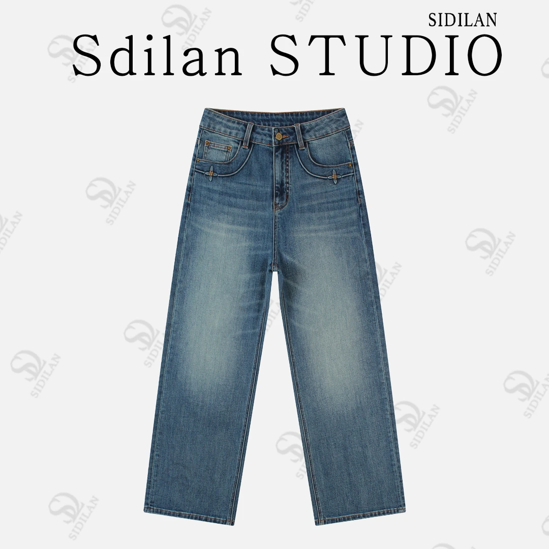 Sidilan “四叶草”压花阔腿拖地牛仔裤女款LW5611