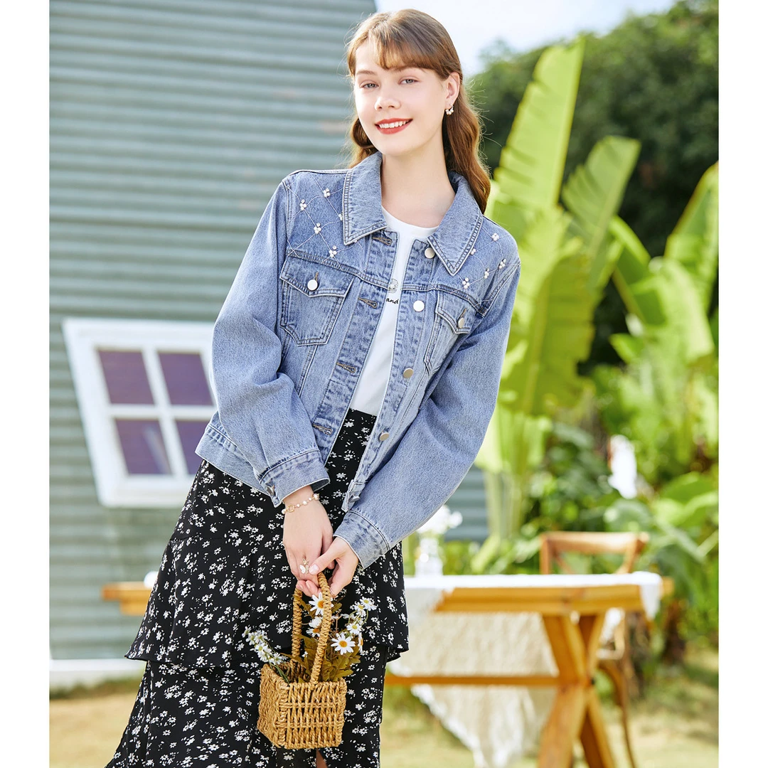 百图｜时尚钉珠牛仔外套简约翻领宽松短款小外套女