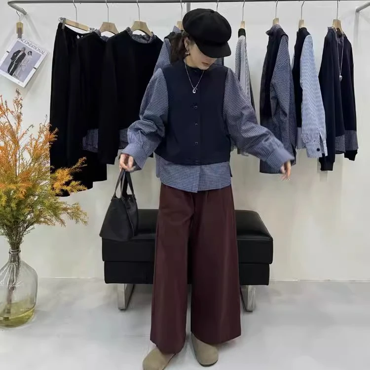 2025年春秋新款休闲洋气假两件小个子小衫宽松格子长袖衬衫上衣女