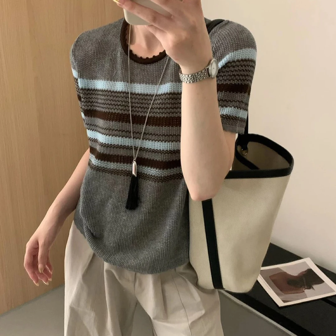 【小白姐姐】ins拼色文艺风针织上衣