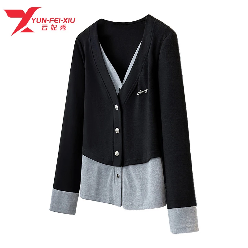 云妃秀大码女装针织衫百搭简约撞色假两件减龄宽松显瘦春季61878