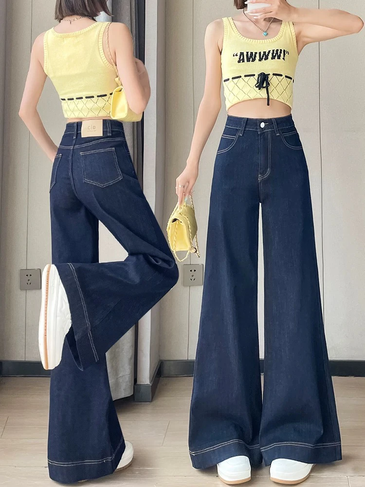 蓝色直筒阔腿牛仔裤女春秋季2025新款宽松显瘦休闲高腰拖地长裤子