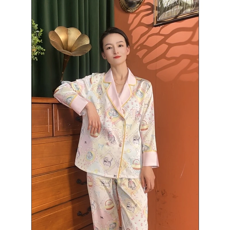 【幻彩喵喵】睡衣女春秋长袖新款高级薄款宽松提花冰丝家居服套装