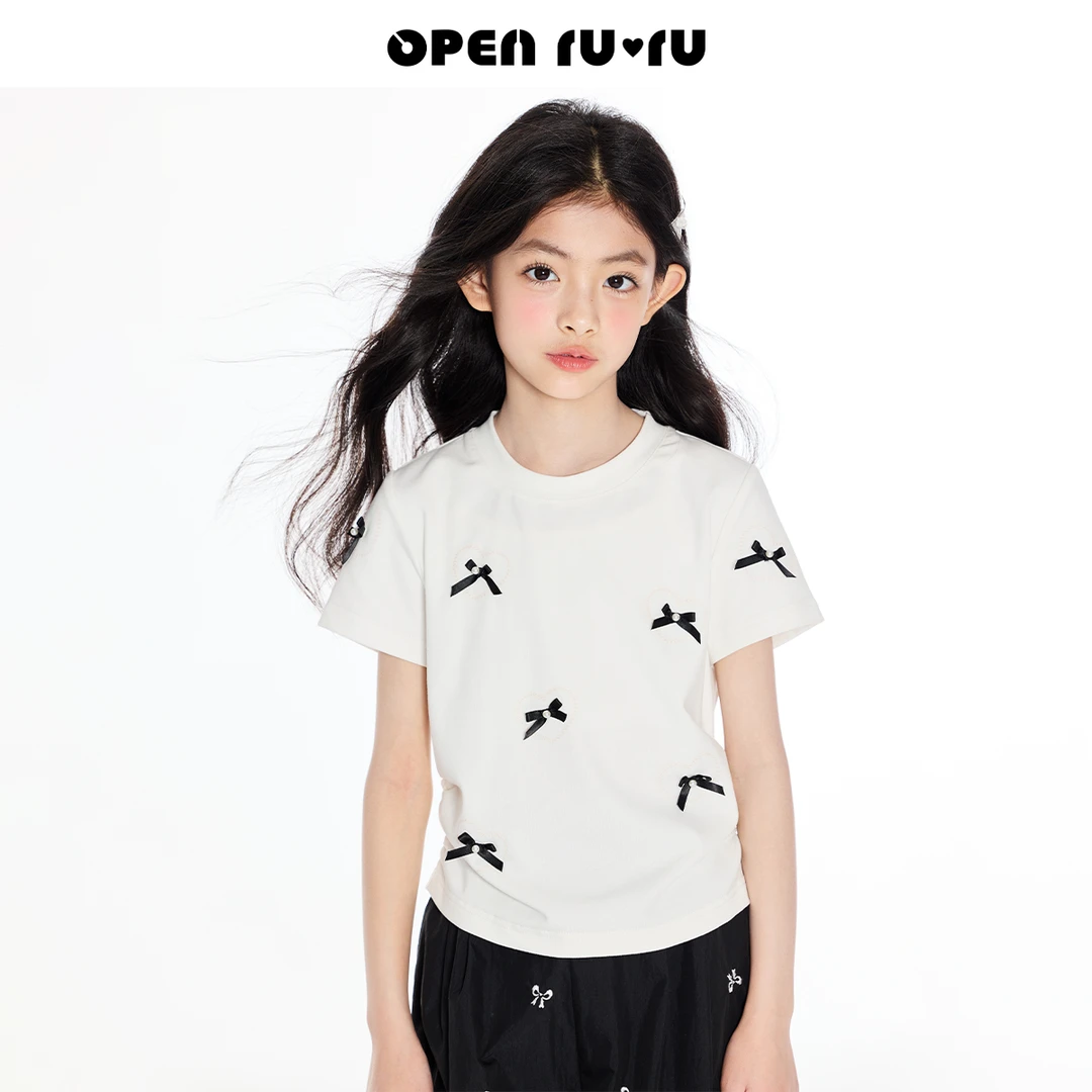 Opennunu女童短袖T恤夏季中大童印花修身显瘦短款正肩上衣