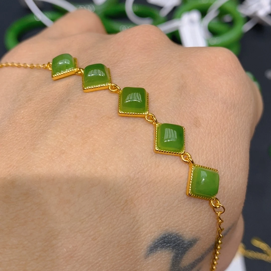 和田玉（碧玉）颈饰银S925镀金镶嵌