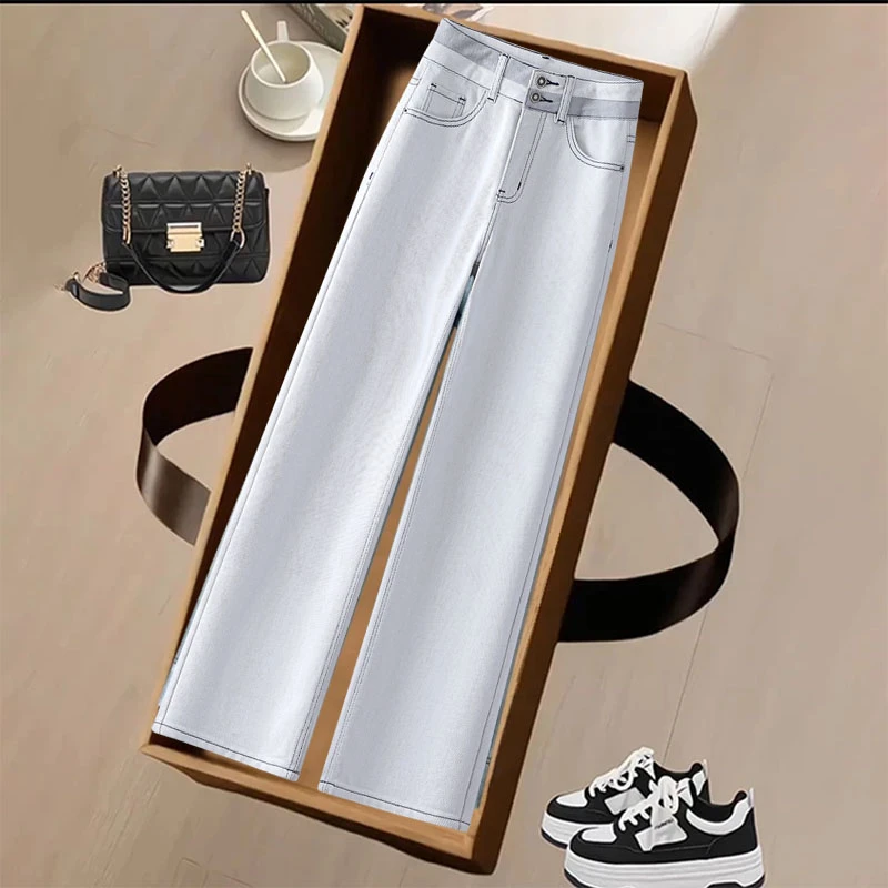 莫兰迪灰窄版阔腿牛仔裤女2025春秋新款高腰显瘦百搭休闲直筒裤子