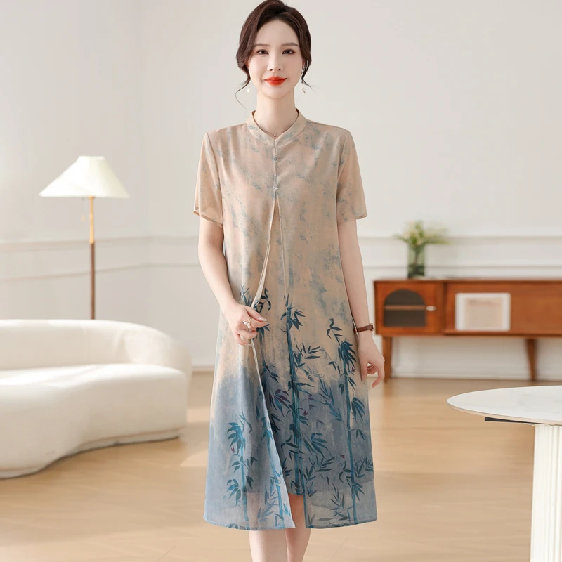 妈妈新中式国风裙子宽松贵夫人改良旗袍裙中老年高档连衣裙女夏季