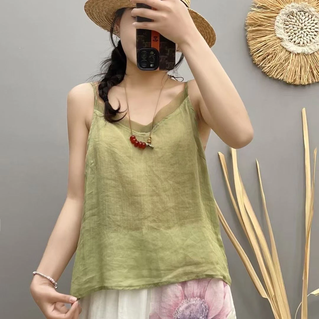 【现货+运费险】棉麻拼接欧根纱夏季薄款宽松纯色吊带背心无袖Y2003