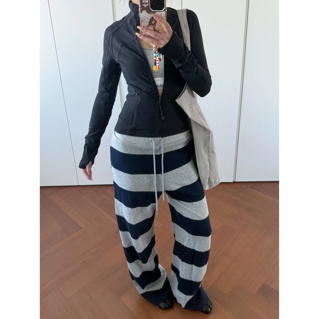 韩系简约百搭针织条纹睡裤女款秋季新款大码长裤可外穿居家遛弯裤