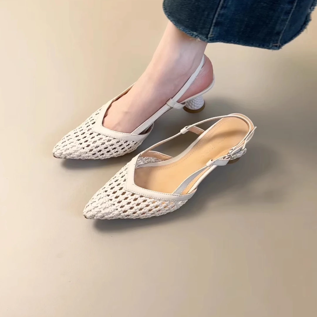 Pokoy-5.5cm法式复古编织镂空包头半拖鞋女外穿百搭粗跟凉拖鞋